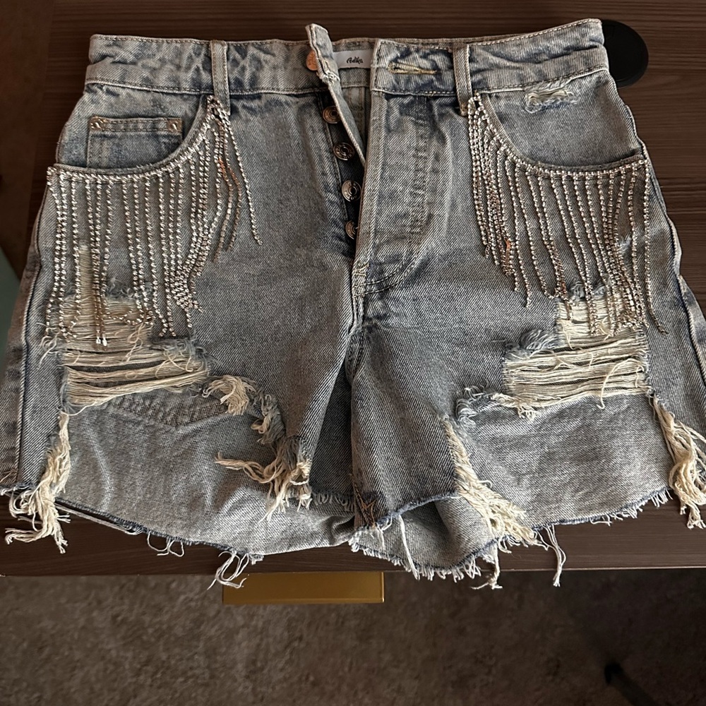 Stylish Distressed Denim Shorts with Fringe ADIKA